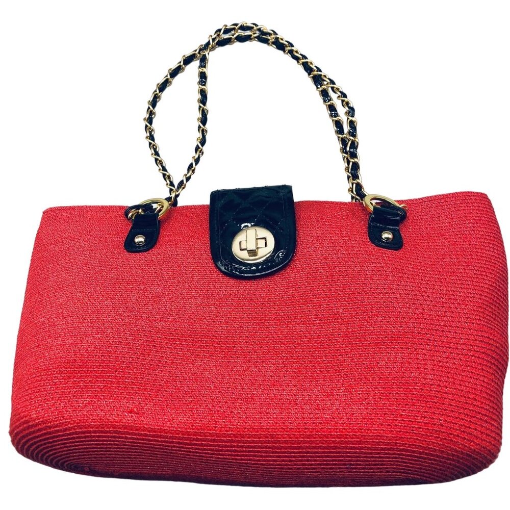 straw red handbag chain handle clasp lock zipper 5 pockets 2 handle 15x9x4" READ